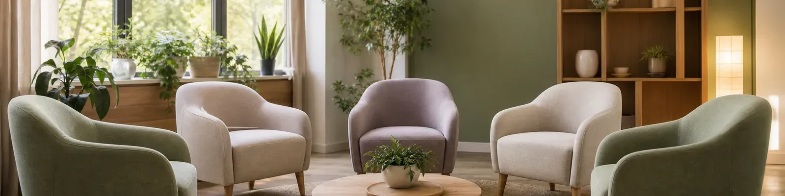 A semicircle of soft armchairs by a sunlit window in a calm group-therapy room with plants