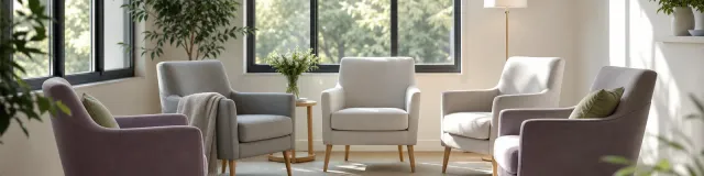 A bright, hopeful group room with soft chairs arranged near tall sunlit windows and greenery