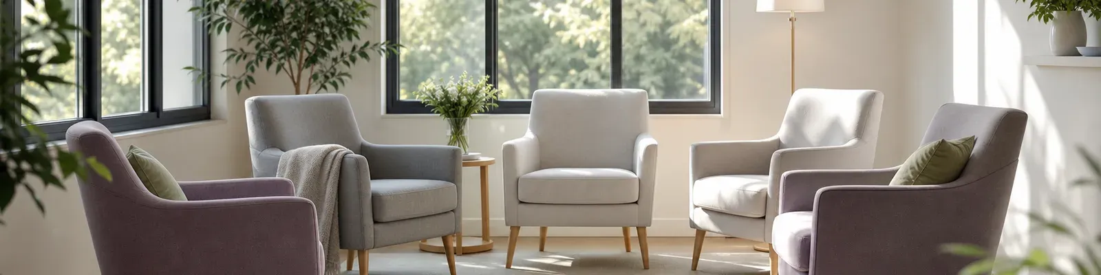 A bright, hopeful group room with soft chairs arranged near tall sunlit windows and greenery