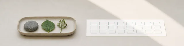 Top-down depression group planning scene with a stone, leaf, and sprig beside a blank activation grid in soft window light