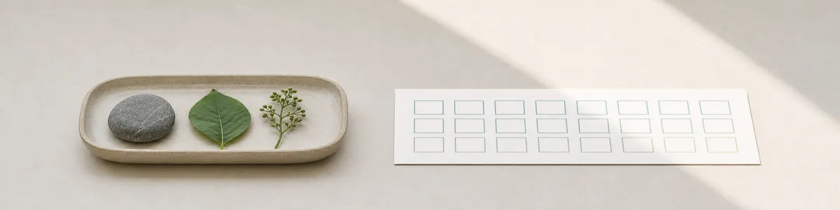 Top-down depression group planning scene with a stone, leaf, and sprig beside a blank activation grid in soft window light