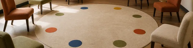Empty group therapy room with upholstered chairs surrounding a circular rug and eight colored floor markers for a shared activity