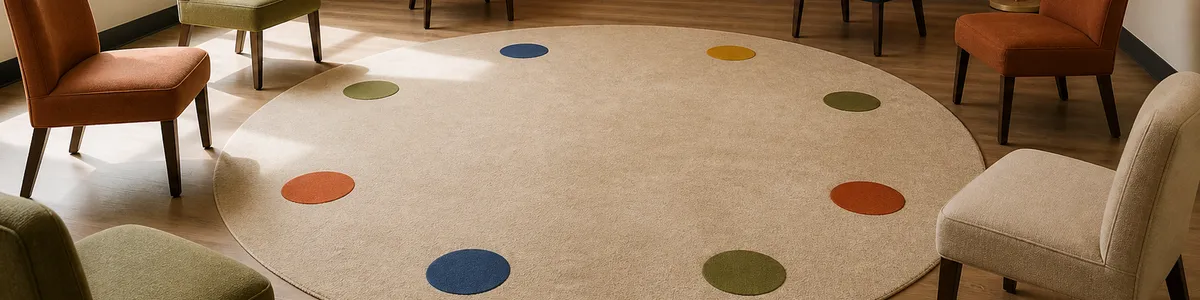 Empty group therapy room with upholstered chairs surrounding a circular rug and eight colored floor markers for a shared activity