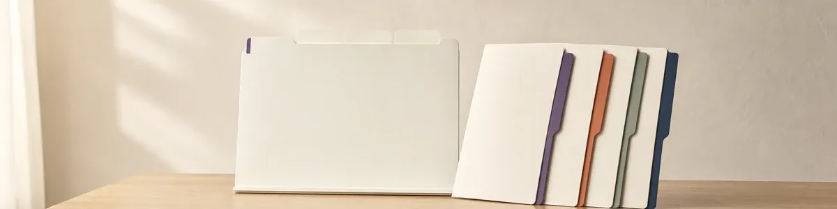 Cream blank shared-session organizer board beside four blank member folders with purple, terracotta, sage, and navy tabs on a light oak table