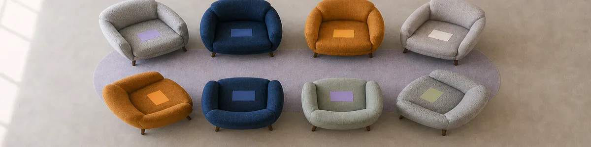 High-angle view of eight empty group therapy chairs arranged around a lavender rug, each holding a different blank topic card