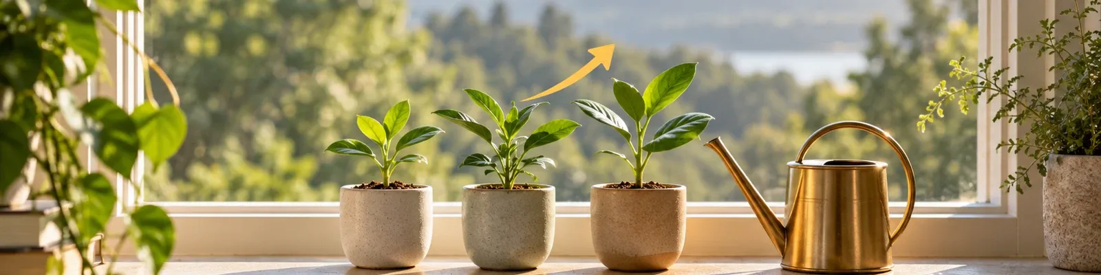 Photo of seedlings on a windowsill with a small marigold growth-arrow illustration.