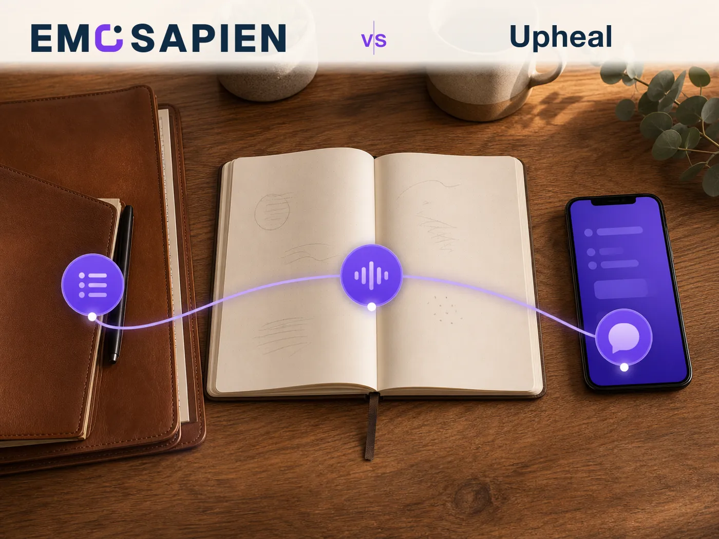 A wooden therapy desk split by a soft purple ribbon, a leather notebook on one side and a tablet on the other