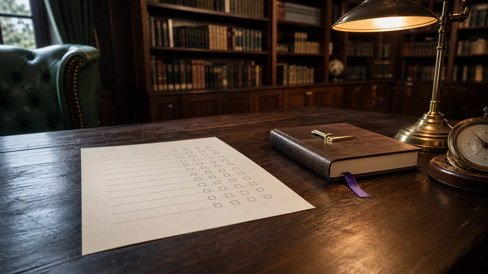 A walnut writing desk shot at low angle in late-afternoon light: printed PHQ-9-style assessment form with likert checkbox columns, a leather notebook with brass clip, a brass desk lamp casting warm light, a vintage barometer at the corner, with bookshelves softly out of focus in the background — the measurement-based-care workspace