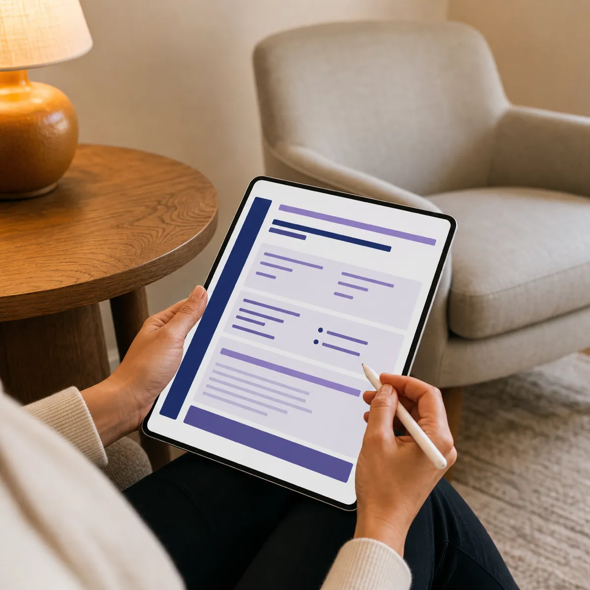 Therapist reviewing a structured progress-note draft on a tablet with a stylus in a calm therapy office