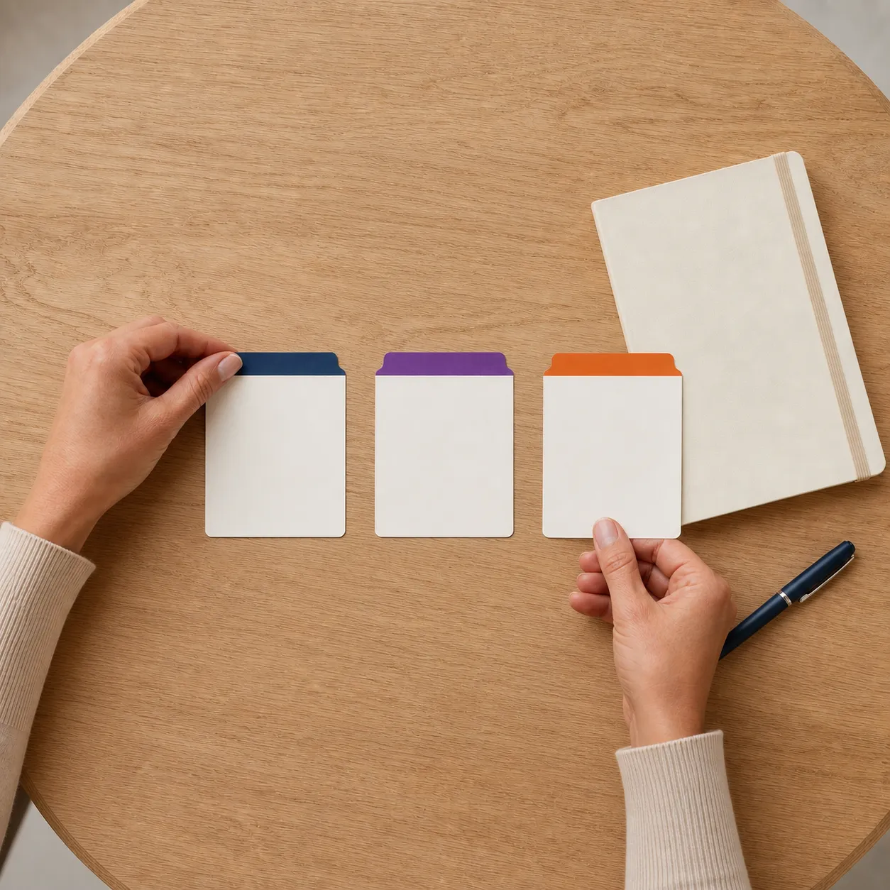 Therapist hands arranging three blank journal prompt cards with navy, purple, and orange tabs beside a notebook