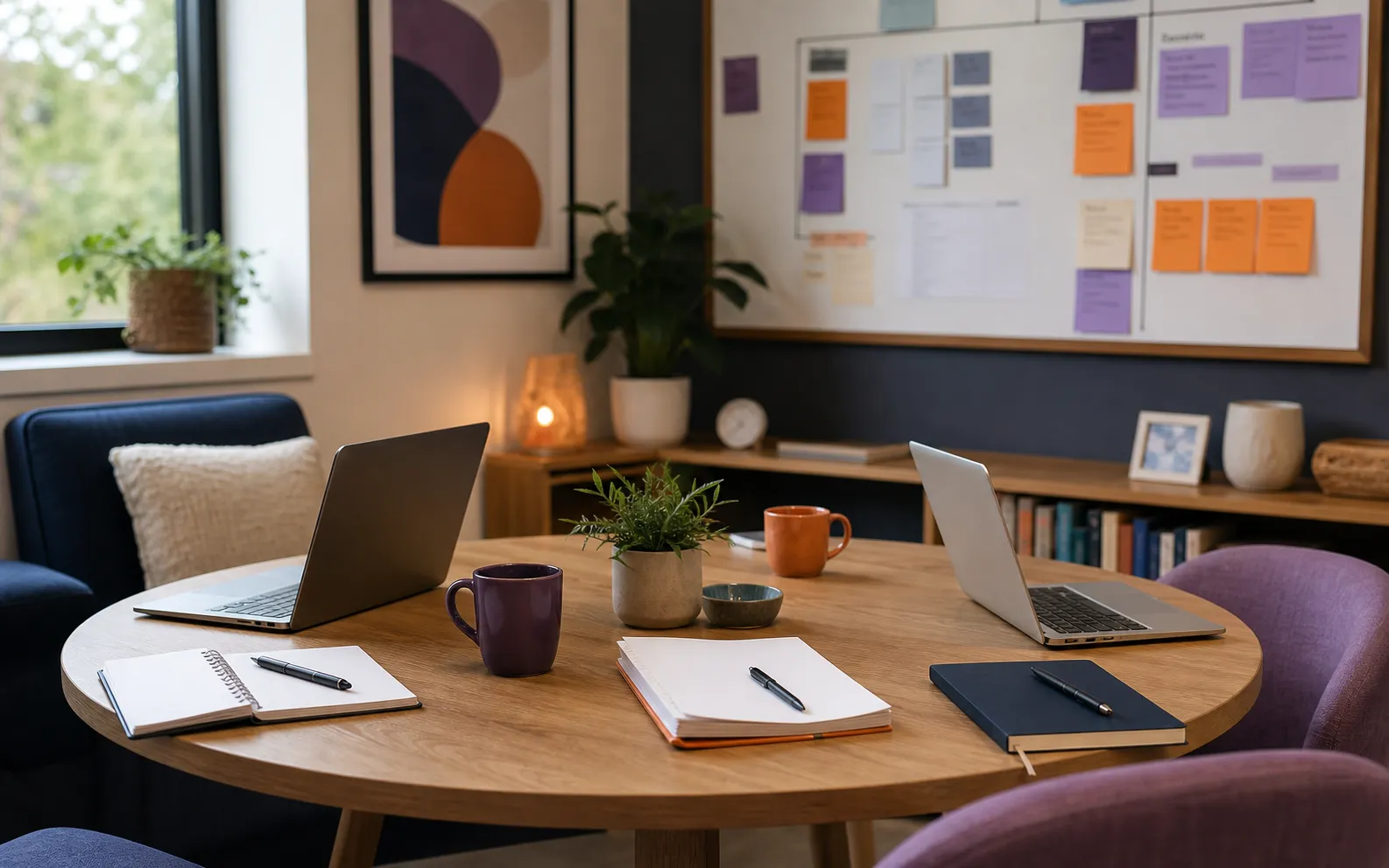 Warm group therapy practice team room with laptops, notebooks, plants, and a privacy-safe planning board for coordination
