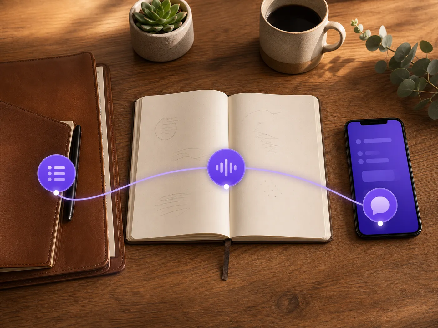 A wooden therapy desk split by a soft purple ribbon, a leather notebook on one side and a tablet on the other