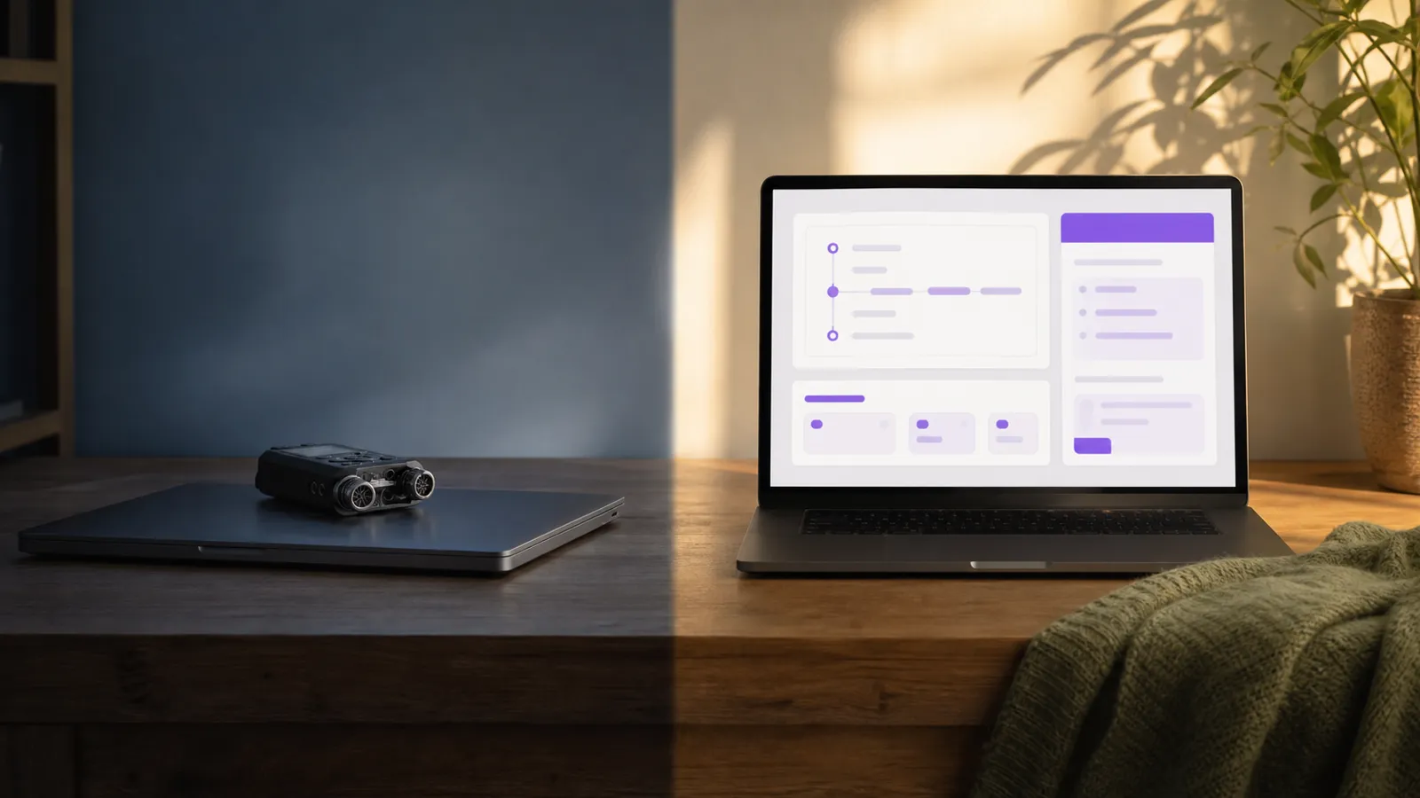 A wooden desk split into two halves by soft vertical light: left side a minimal scribe workspace (cool slate-blue, single closed notebook and small audio recorder), right side a richer co-therapy workspace (warm purple, open notebook with conceptualization notes, smartphone showing a prompt UI mock, printed treatment-plan page)