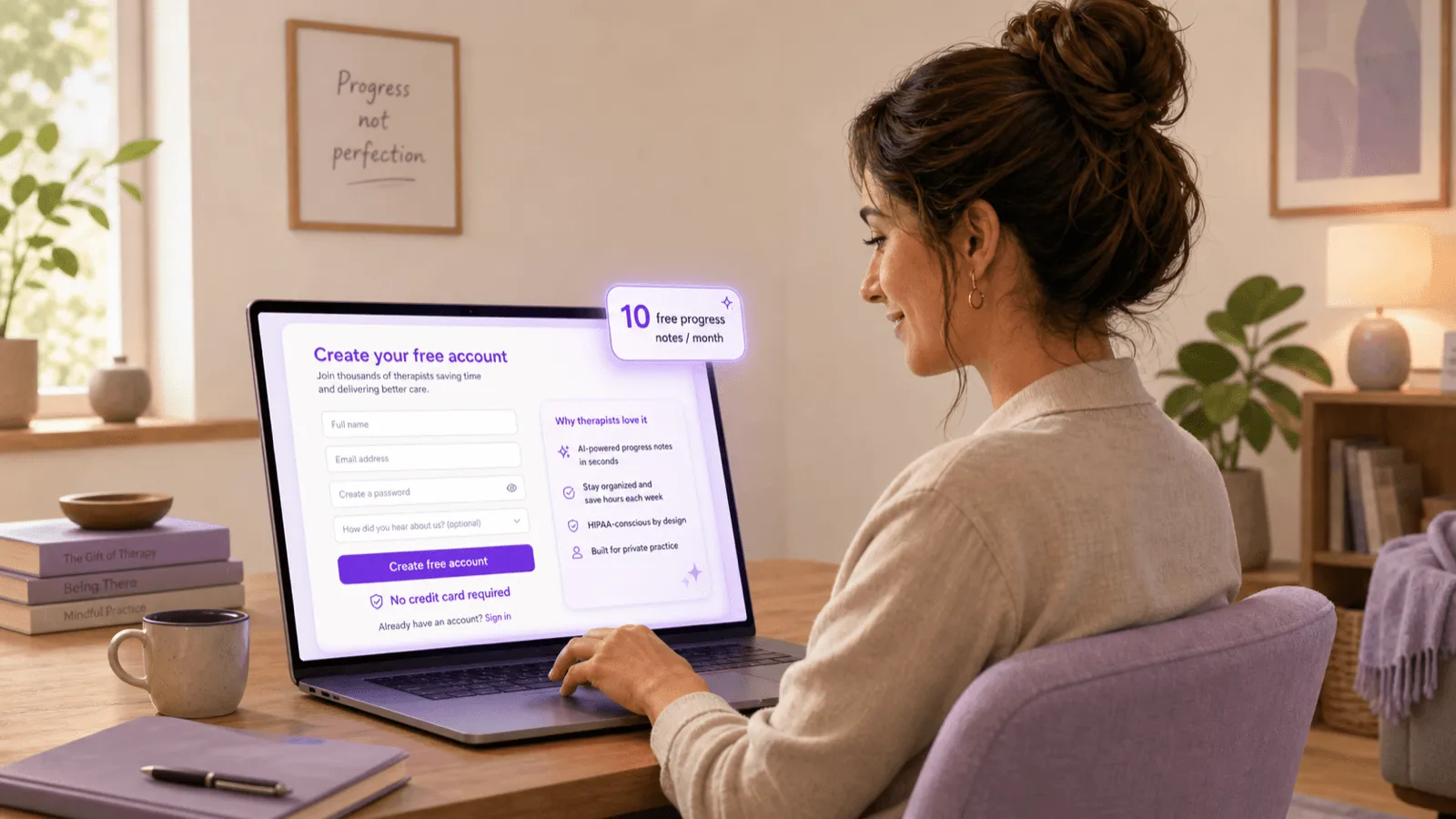 Therapist using a free AI progress note generator on a laptop in a therapy office