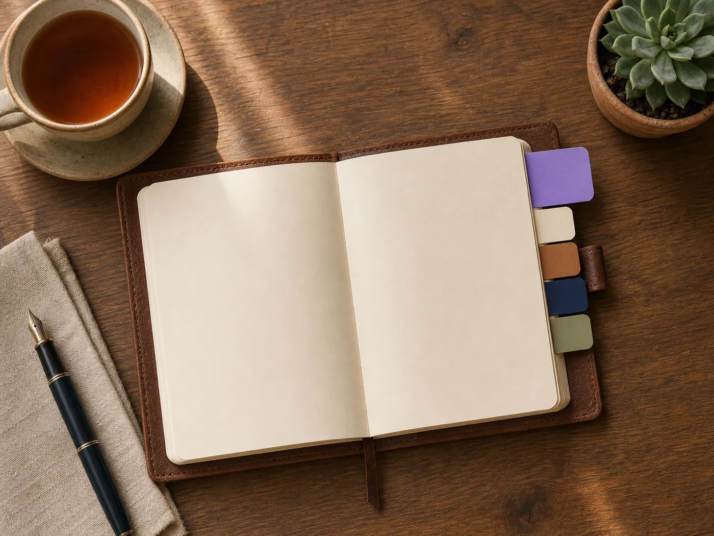 Three open leather journals in cognac, brand purple, and warm tan arranged across a wooden therapy desk in soft afternoon light