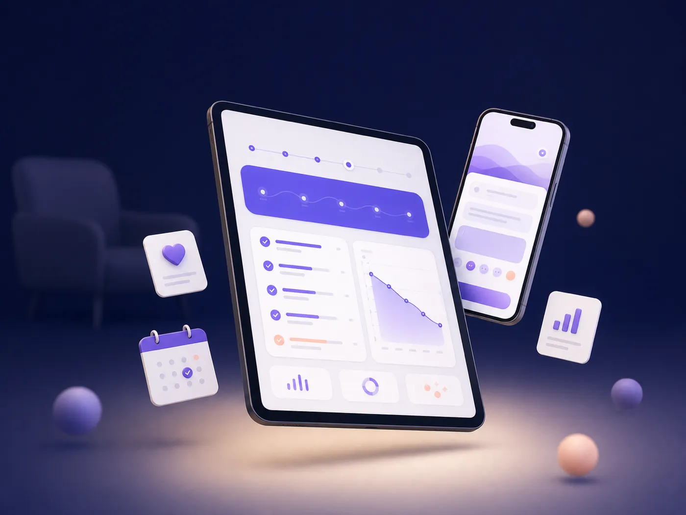 3D editorial scene of a floating tablet showing a treatment-plan dashboard with a PHQ-9 chart, a smartphone displaying a check-in interface, and small floating UI cards in soft brand-purple gradient against a dark navy backdrop