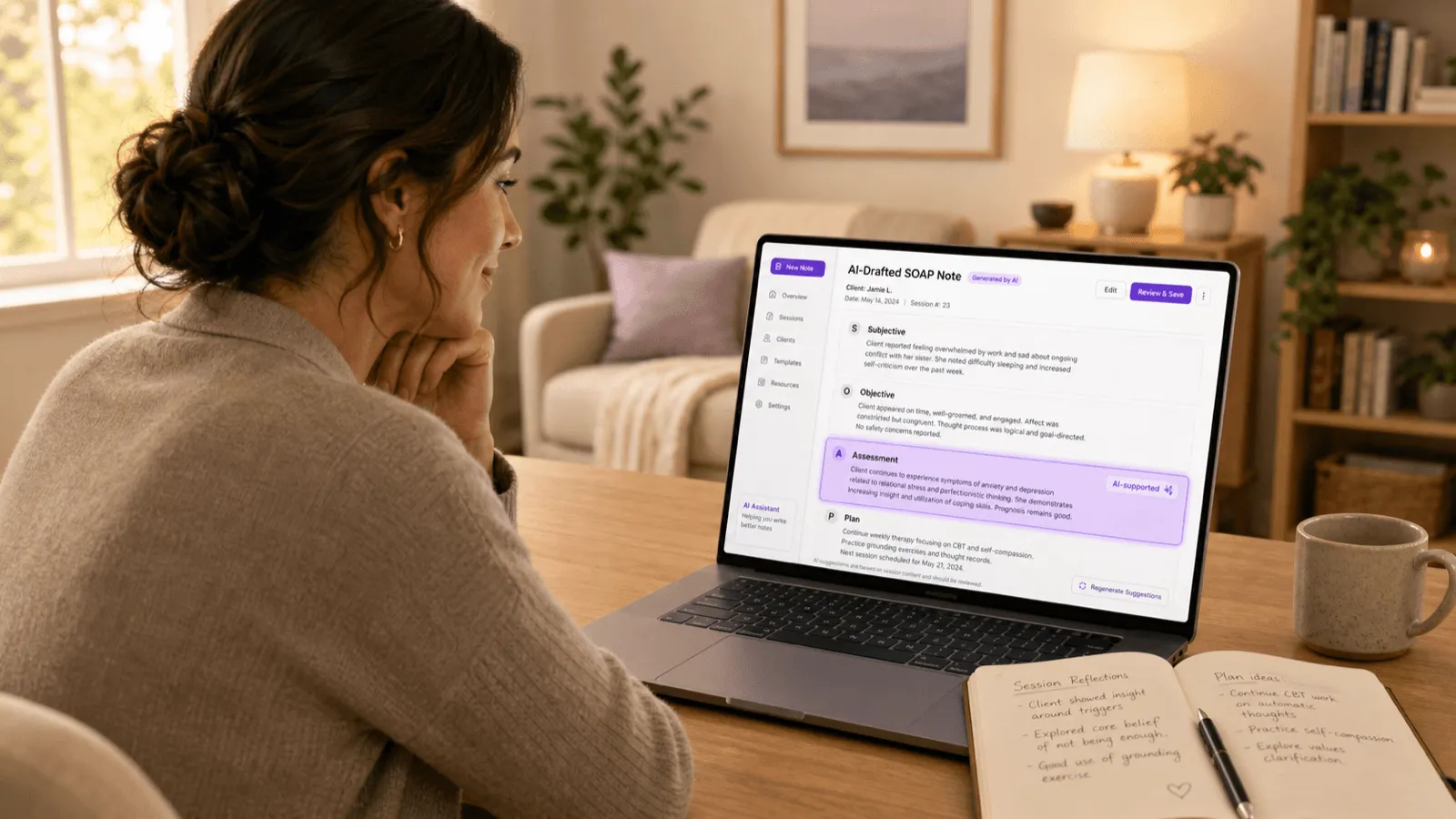 Therapist reviewing an AI-drafted SOAP note in their therapy office