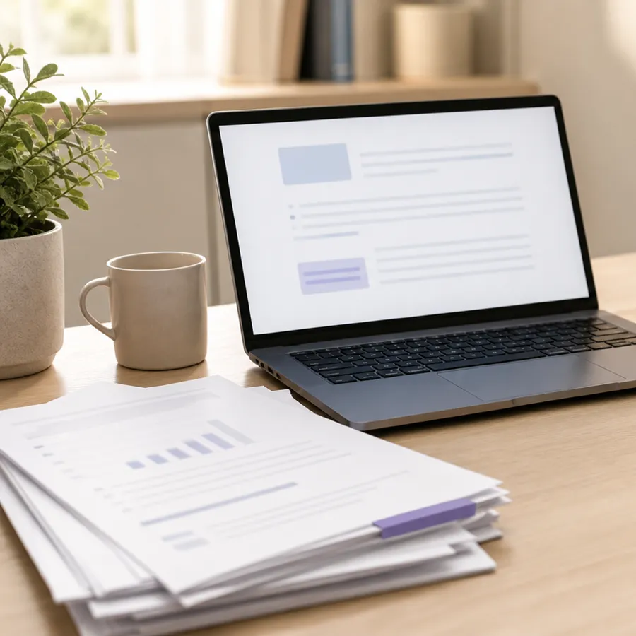 An open laptop showing a drafted progress note beside a stack of assessment forms on a warm wooden desk, contrasting AI documentation with measurement-based care