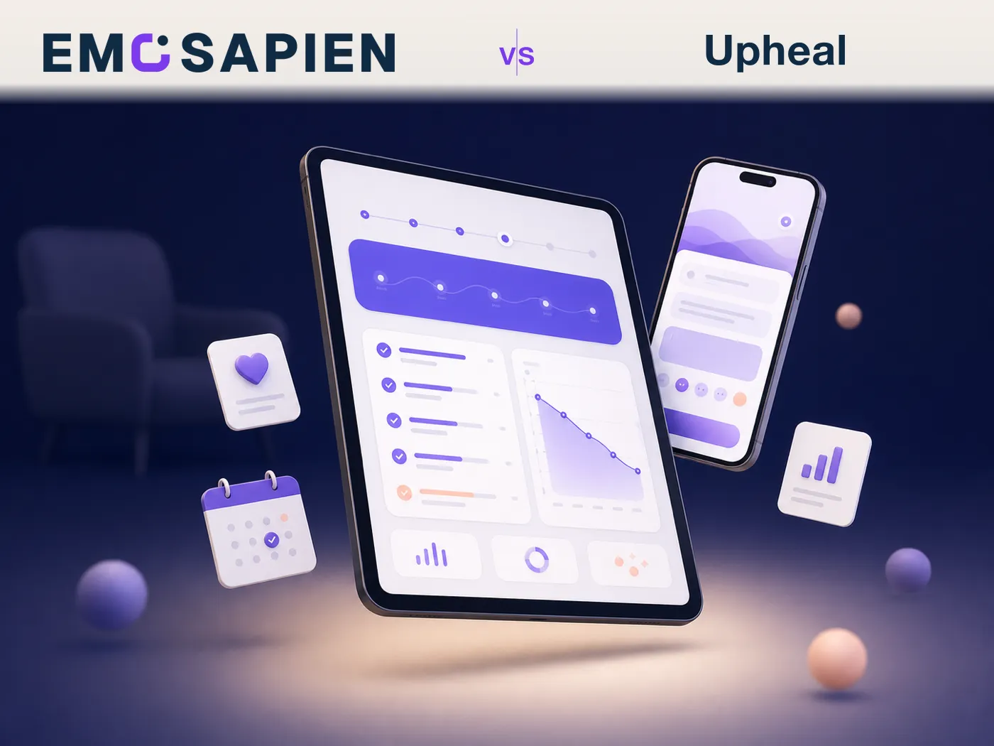 3D editorial scene of a floating tablet showing a treatment-plan dashboard with a PHQ-9 chart, a smartphone displaying a check-in interface, and small floating UI cards in soft brand-purple gradient against a dark navy backdrop