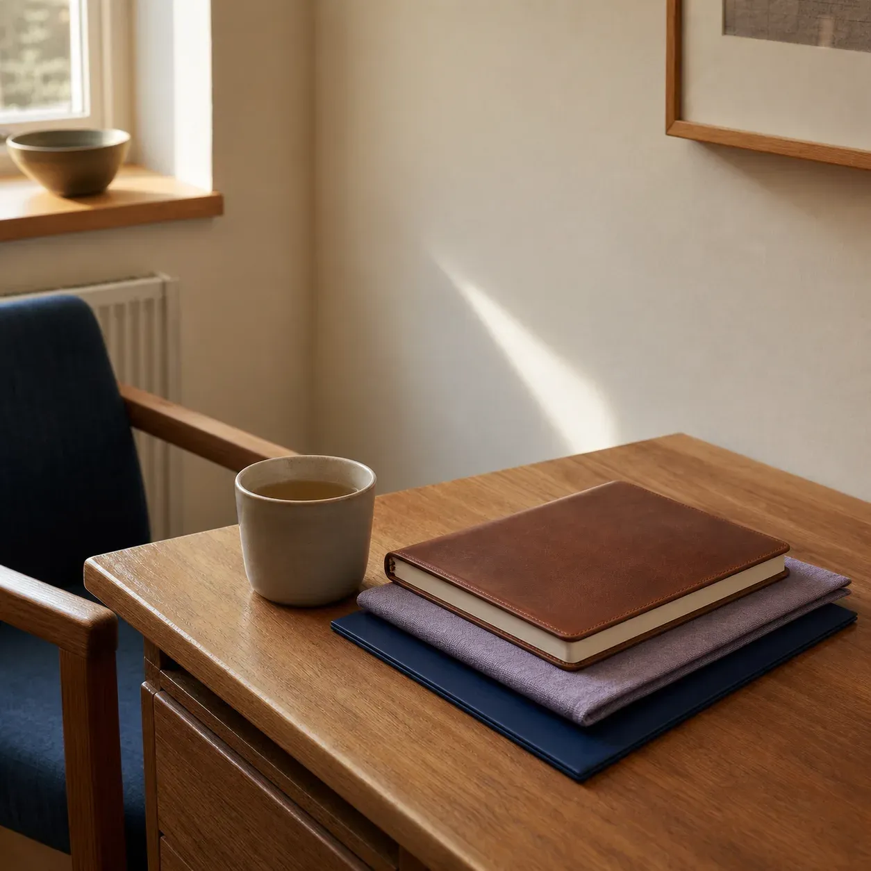 Warm oak private-practice desk with a closed leather notebook on a dusty-lavender folder and navy chart folder beside a ceramic tea cup, empty chair in soft window light