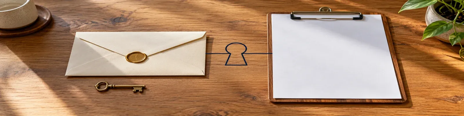 A sealed records-release envelope, brass key, and blank disclosure sheet on a warm wood desk, linked by a navy keyhole line.