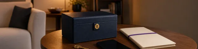 Locked navy document case, brass key, dark phone, and secured client folder in a warm therapy office