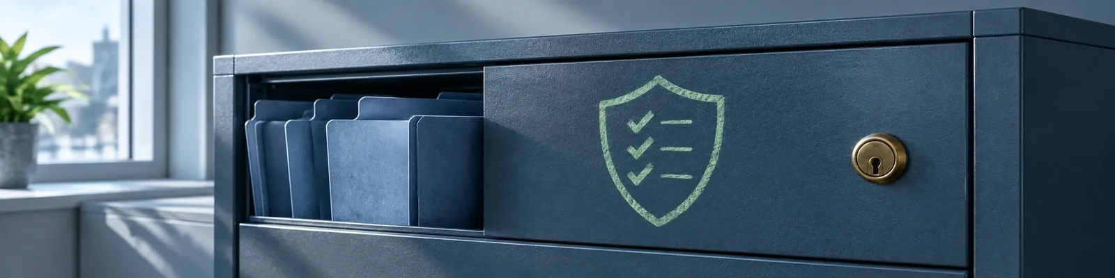 Unmarked folders and a small brass lock in a cool slate record cabinet with a sage chalk shield and three safeguard checkmarks.