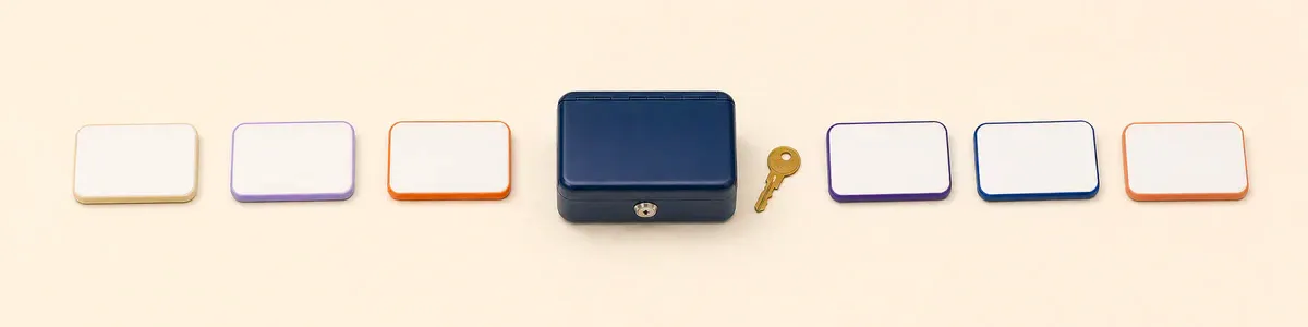 Six blank access badges, a closed navy lockbox, and one brass key representing controlled group-practice access
