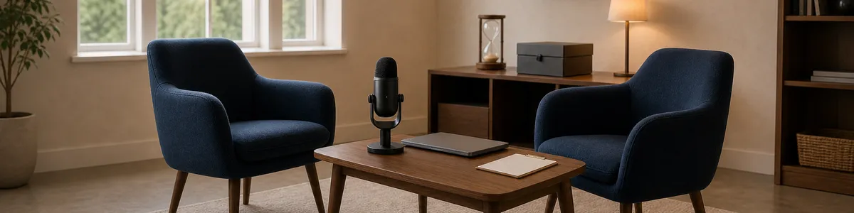 Compact tabletop microphone between two empty chairs, unlit recording indicator, closed laptop, and blank consent clipboard on a calm therapy table