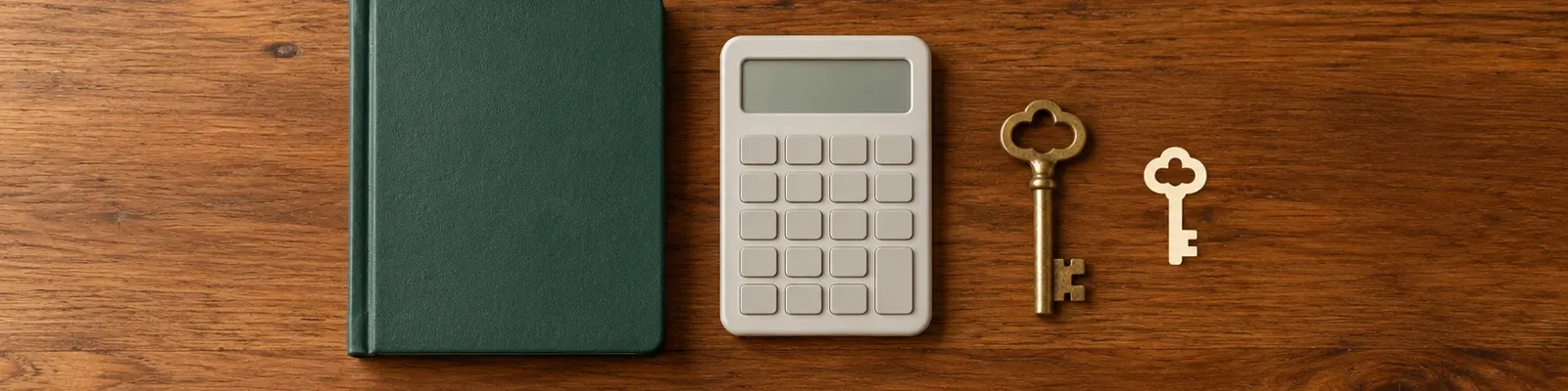 Warm desk photo of a closed billing ledger and small illustrated cream key.