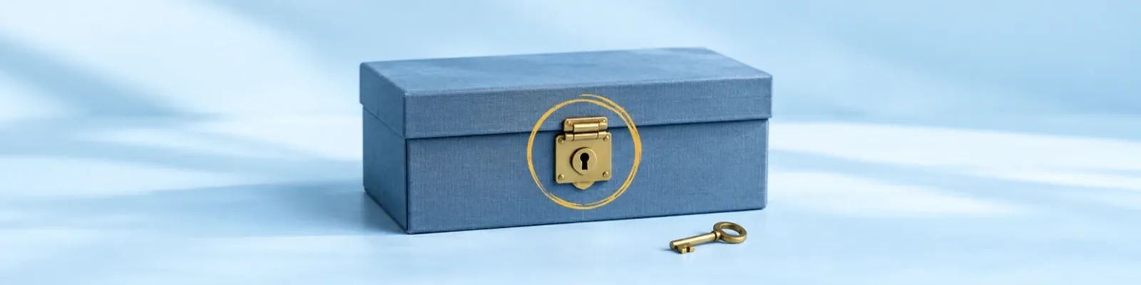 A locked archival document box and key against a brushed navy backdrop, encircled by a marigold chalk halo