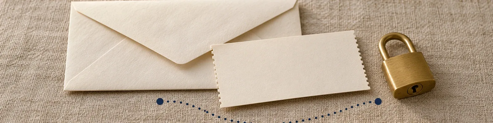 Macro photo of a cream envelope and lock with a small navy delivery-route illustration.