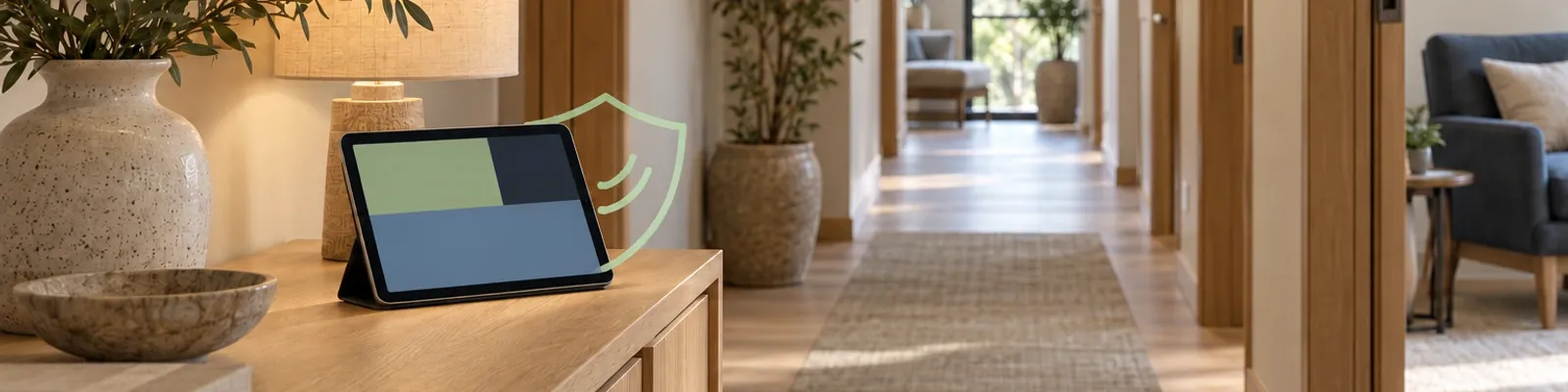 Quiet clinic corridor with a tablet displaying abstract color blocks and a single sage secure-call shield illustration.
