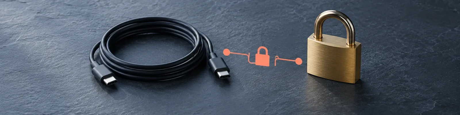 Cool-morning photo of a brass lock and cable with a small coral encrypted-path illustration.
