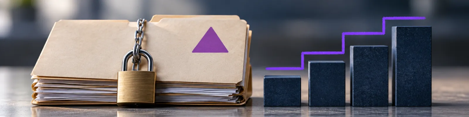 A locked client record beside four rising penalty blocks, marked by a violet staircase line