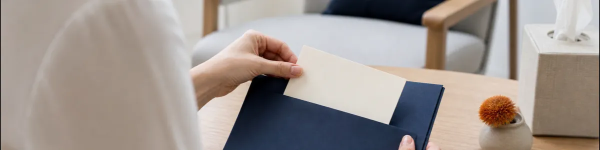 Therapist hands place a blank activity card into a navy folder for review at the next therapy session