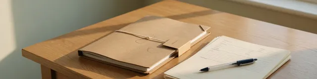 Calm UK therapy-office desk with a closed supervision folder, blank outcome-measure sheets, pen, and soft morning light for CBT documentation work