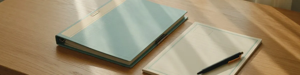 Calm UK therapy-office desk with a closed clinical folder, blank classification booklet, pen, and soft morning light for ICD-11 documentation planning
