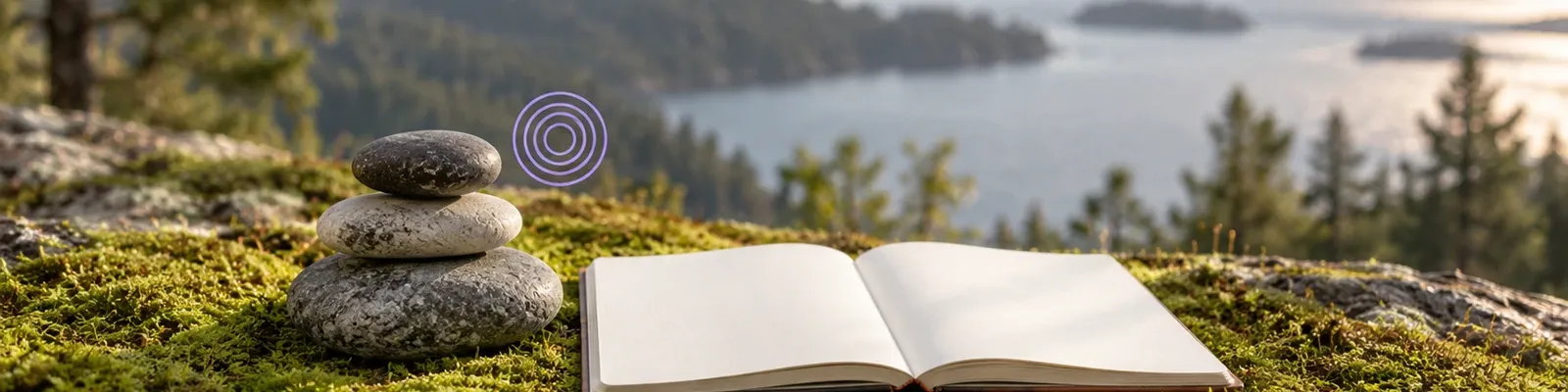 Nature photo of balancing stones and a small violet concentric-ring illustration.
