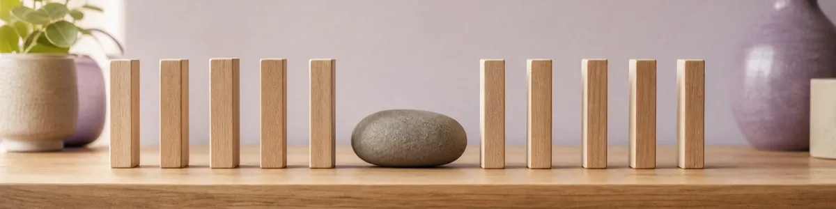 Wooden blocks in a short line on a warm shelf, interrupted by a deliberate gap holding a smooth gray stone, with soft lavender ceramics in the background