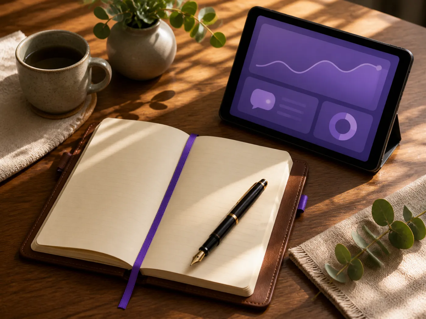 An open leather notebook with a brand-purple ribbon and fountain pen on a wooden therapy desk, with a tablet showing soft purple gradient UI elements beside it, representing an active in-session moment