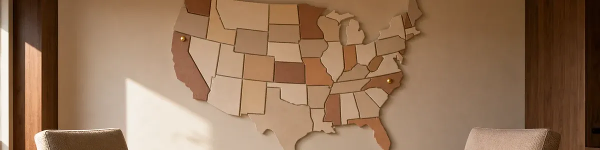 Two empty therapy chairs beneath an unlabeled relief map of the United States with brass pins marking distant locations