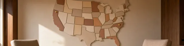 Two empty therapy chairs beneath an unlabeled relief map of the United States with brass pins marking distant locations
