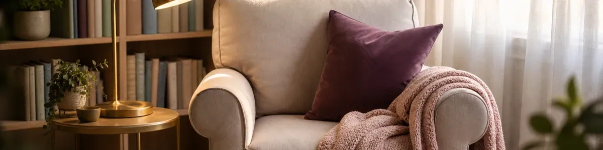 A single reading chair with a warm lamp and folded throw in a calm, softly lit therapy office nook