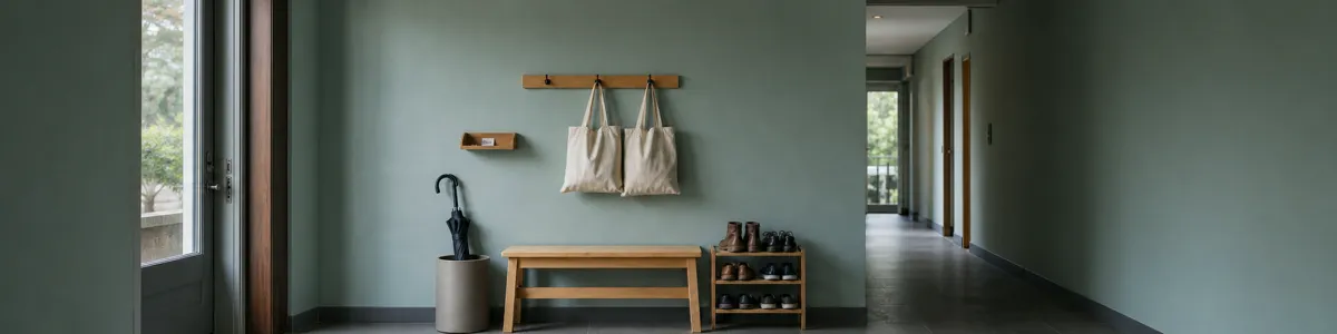 Organized community entryway with tote bags on wall hooks, a wooden bench, umbrella stand, shoe rack, and corridor