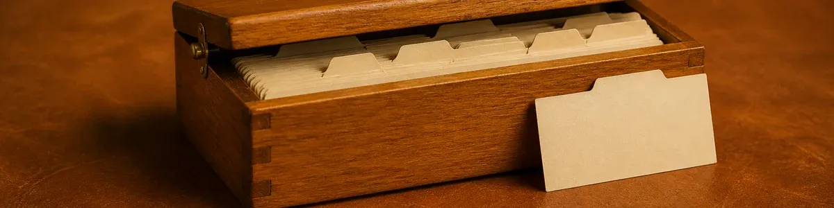 Oblique close-macro of a honey-oak card-file box with unlabeled cream tabbed index cards and one blank card leaning on a warm amber leather blotter
