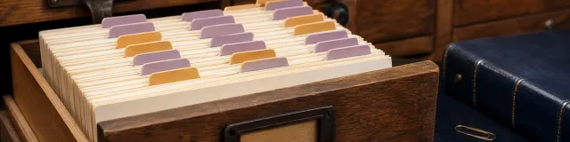 Open wooden card catalog with cream state-reference cards, lavender tabs, and a navy compliance binder