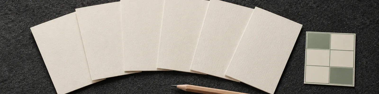 Macro photo of six blank assessment cards and a small sage section-grid illustration.