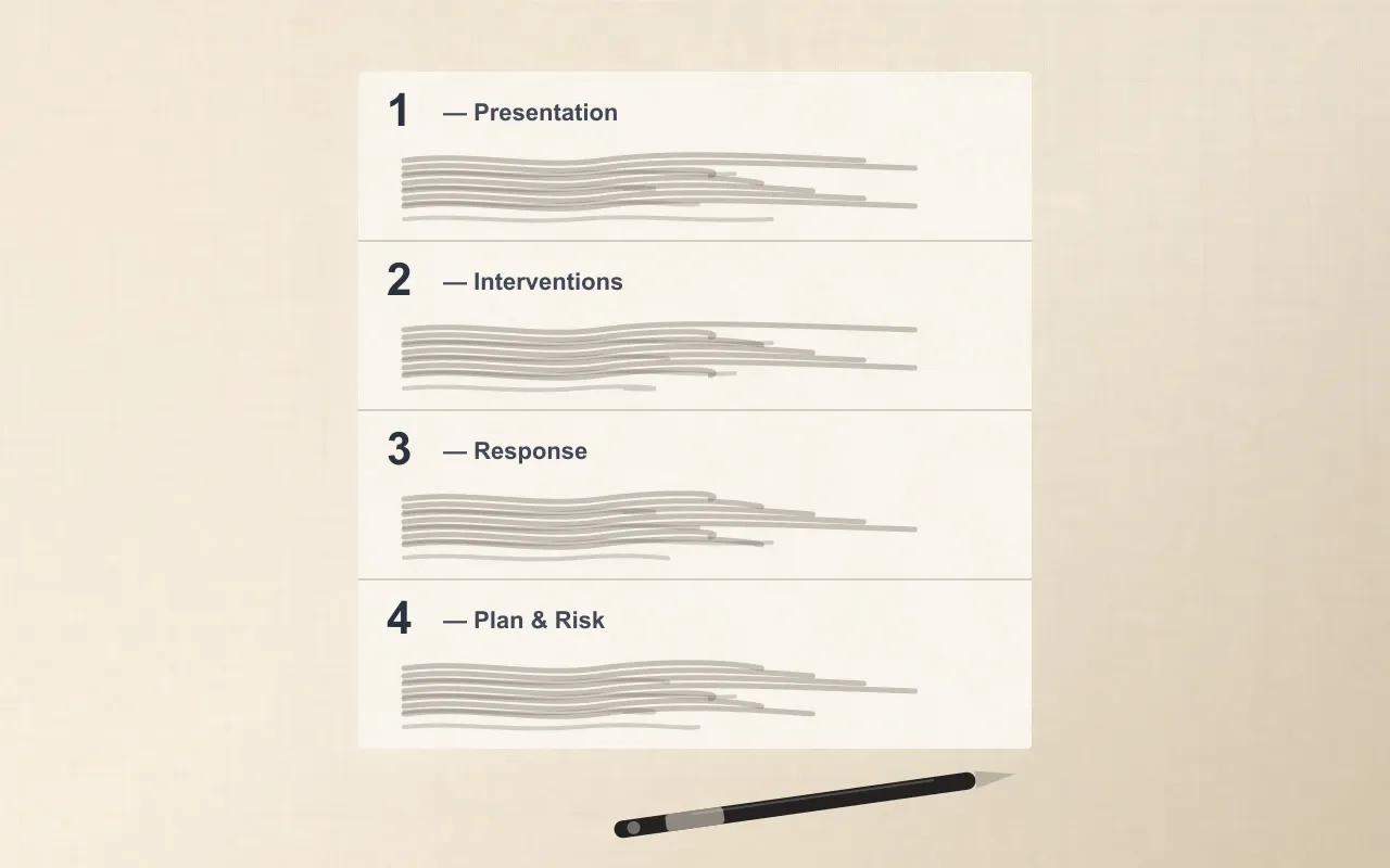 A generic mental health progress note divided into four labelled sections: Presentation, Interventions, Response, and Plan & Risk. Each section shows representative ruled-line content separated by thin horizontal rules.