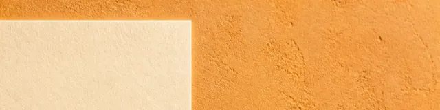 Close-macro split view of one unprinted cream card on sunlit burnt-umber plaster in bright high-key warm daylight, with empty plaster filling the right